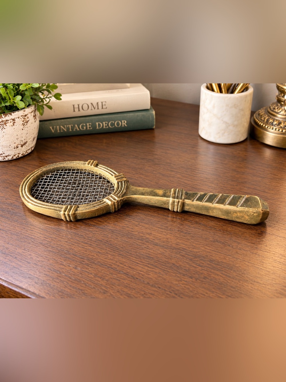 Vintage Solid Brass Tennis Racket Paperweight 6” Desk Decor Sports Collectible